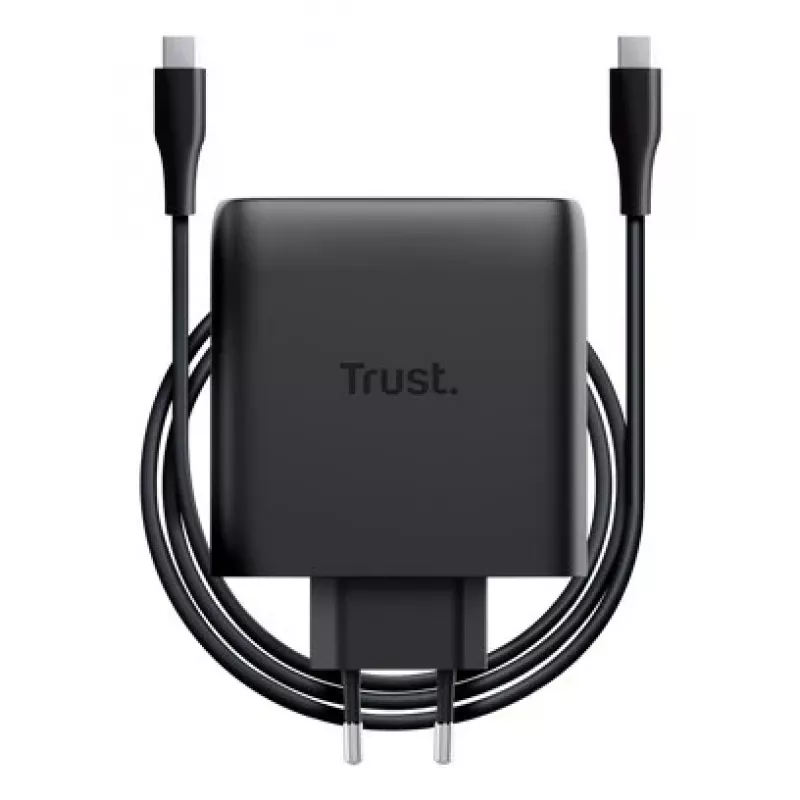 TRUST Maxo 100W 2-portu USB-C GaN lādētājs — 100 W, 2× USB-C, maks. 20 V, 2 m kabelis, melns