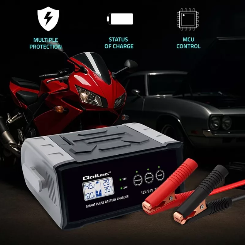Baterijas lādētājs QOLTEC 52514 — 12V/24V, 25A, AGM/GEL/SLA baterijām ar LCD displeju