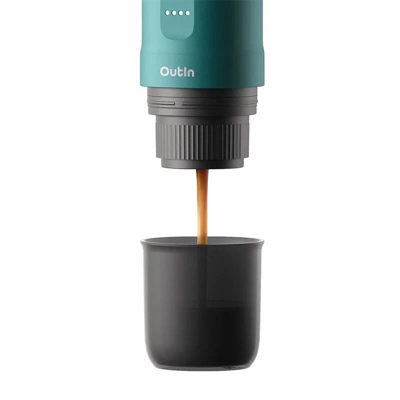 Portable espresso maker OUTIN Outin Nano Melns Teal — 20 bar, ground coffee, 7500 mAh battery, 0.67 kg