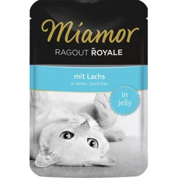 Slapjā kaķu barība Miamor Ragout Royale želejā ar lasi 100 g — pieaugušiem kaķiem, 82 kcal/100g, olbaltumvielas 8%, tauki 5%, mitrums 82%