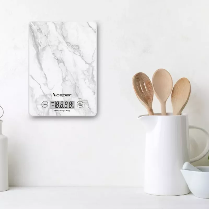 Virtuves svari Beper P102BIL004 - digitālie, 5 kg, 1 g, balts marmors