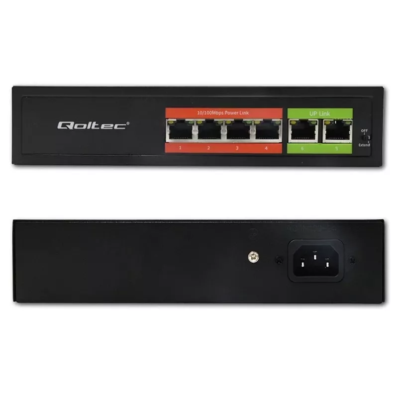Ethernet PoE slēdzis QOLTEC 52289 — 4x RJ45 PoE porti, 2x RJ45 augšupsaites porti, 65W jaudas budžets