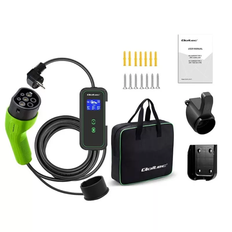 Qoltec Mobile EV Car Charger Adjustable 2in1 Type2 | 3.5kW | 230V | Wi-Fi | LCD | Portable | Wallbox | 5m