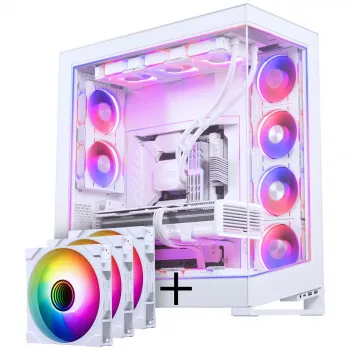 PHANTEKS NV Series NV7 E-ATX korpuss, rūdīts stikls, ARGB - balts & M25 Gen2 PWM D-RGB ventilatoru 3 vienību komplekts - Reverse Blade, 140mm + DRGB komplekts