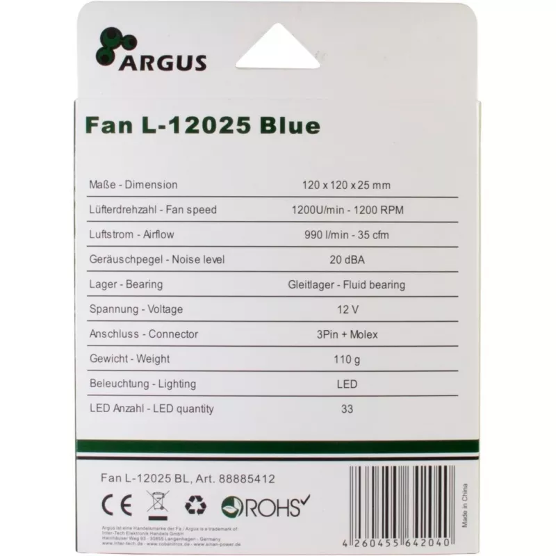 INTER-TECH Argus L-12025 120 mm zils LED korpusa ventilators