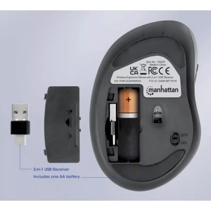 Manhattan Ergonomic Wireless pele, Right Handed, Adjustable 800/1200/1600dpi, 2.4Ghz (up to 10m), Six Button with Scroll Wheel, Combo USB=A and USB-C receiver, Melns, AA baterija (included), Three Year Warranty