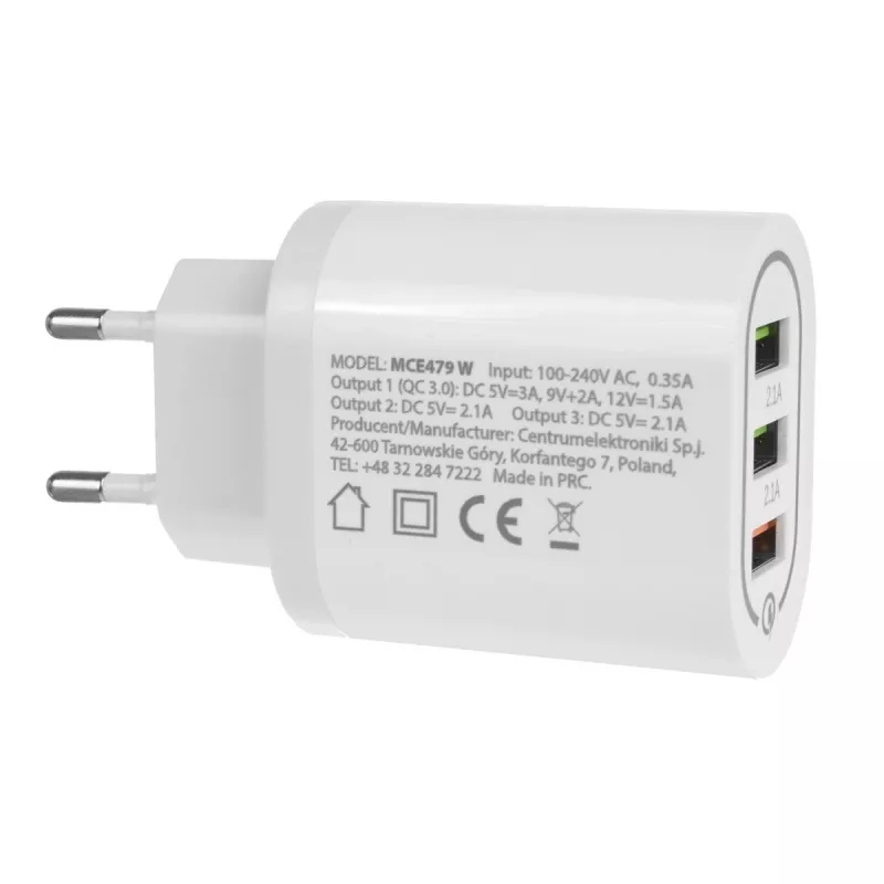 MACLEAN MCE479W sienas lādētājs — 3 portu USB ātrais lādētājs, 18 W kopējā jauda