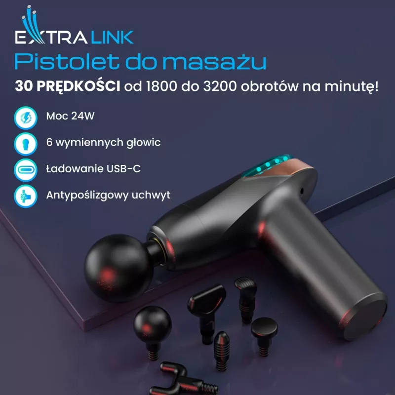 Masāžas pistole Extralink MSG-02-LITE 3200 RPM 6 uzgaļi