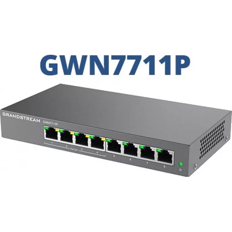 Vadāms L2 Gigabit PoE tīkla slēdzis Grandstream GWN7711P — 8x RJ-45 10/100/1000, 48V DC, Darbvirsmas/Pie sienas stiprināms