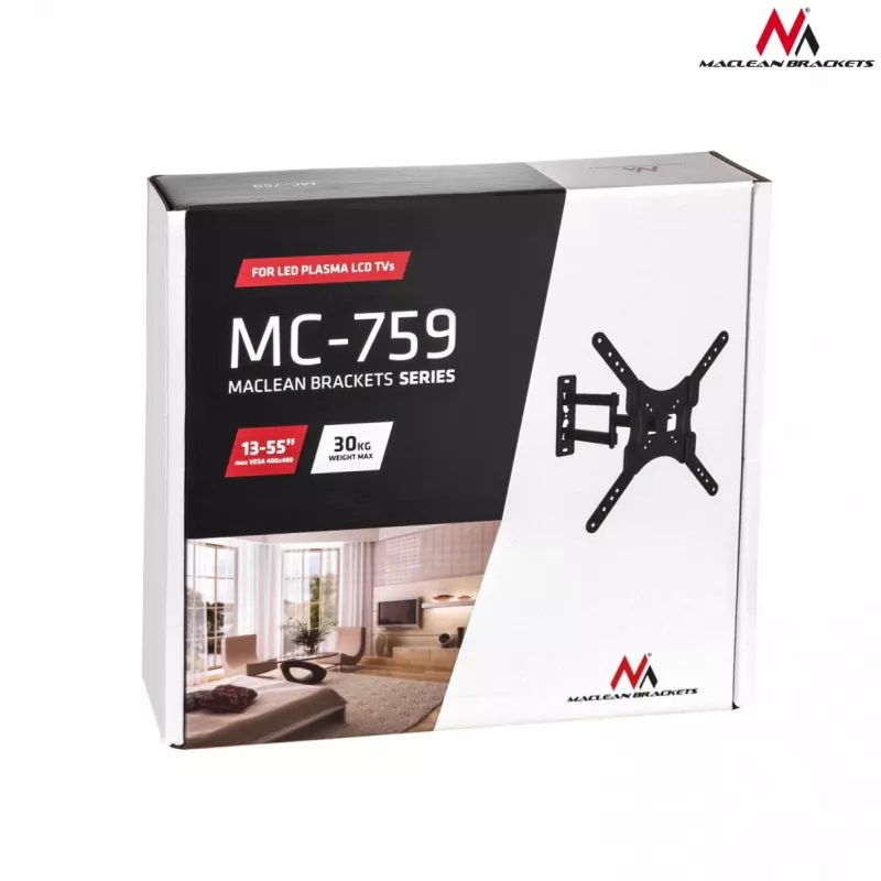 Sienas TV kronšteins Maclean MC-759 13–55 collu ekrāniem, 30 kg ietilpība, VESA 75x75–400x400, slīpums un regulējams dziļums
