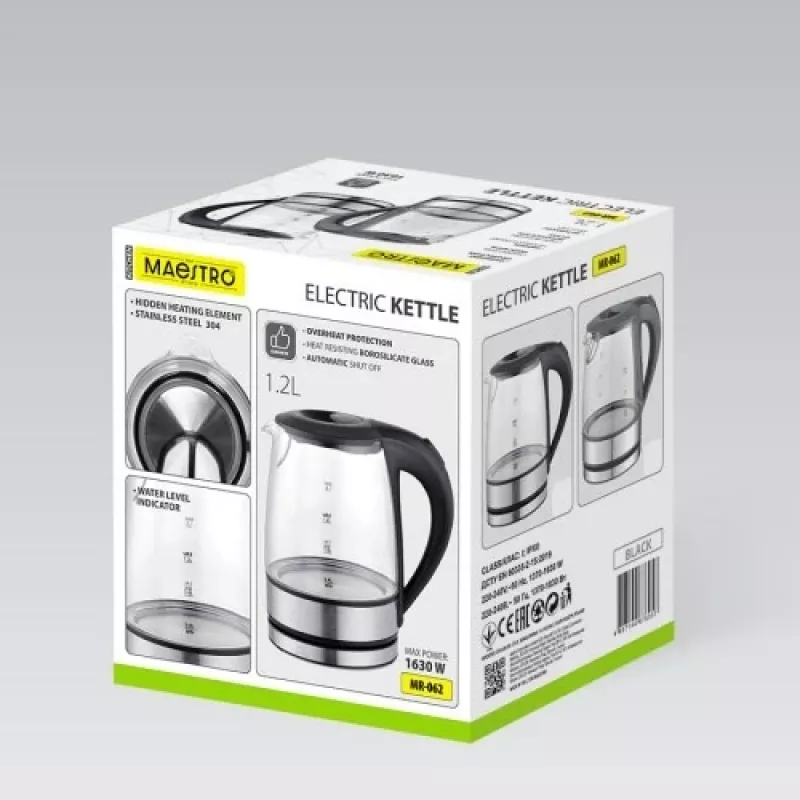 Maestro MR-062-BLACK elektriskā stikla tējkanna, 1630 W, 1,2 L
