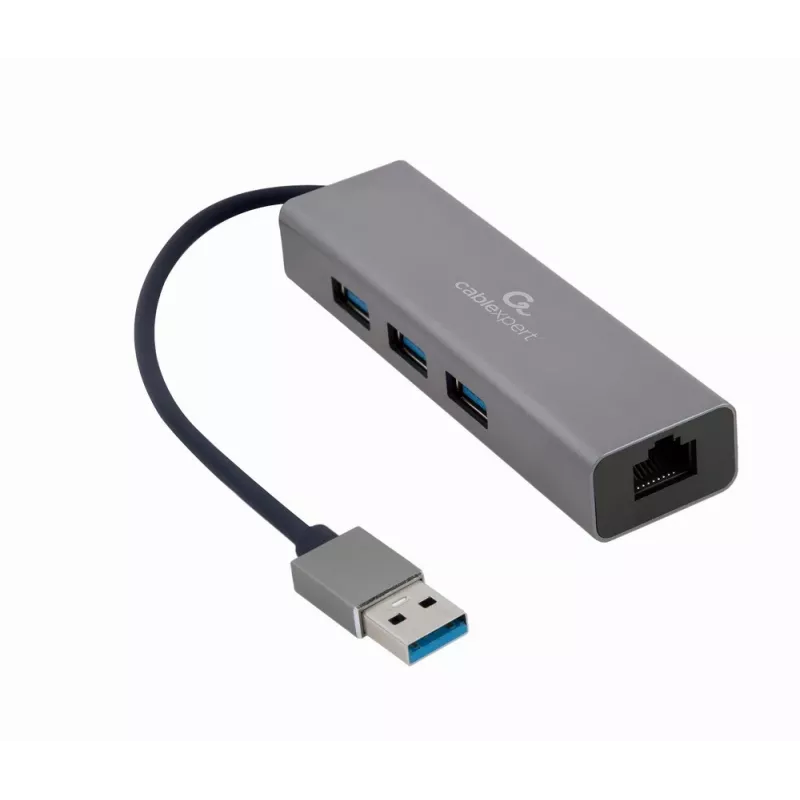 Gembird A-AMU3-LAN-01 USB-A uz Gigabit LAN adapteris ar 3 portu USB 3.0 centrmezglu, melns