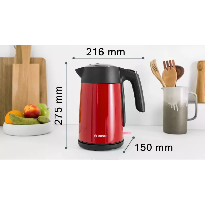 Elektriskā tējkanna Bosch TWK7L464 — 1,7 L tilpums, 2400 W, sarkana, plastmasas korpuss