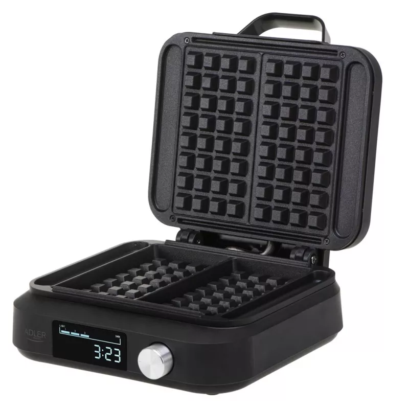 Vafeļu cepējs Adler AD 3087 — elektriskais Beļģu vafeļu dzelzs, 2200 W, 2 taisnstūrveida plāksnes 9×17 cm, melns