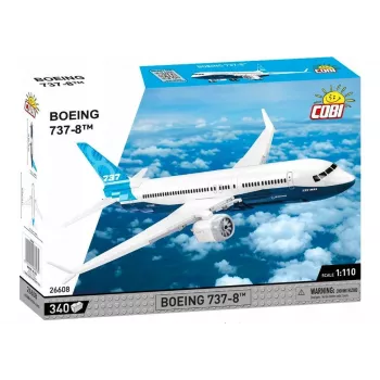 Būvniecības komplekts Cobi Boeing 737-8 — 340 detaļas, ieteicamais vecums 7+, zila un balta