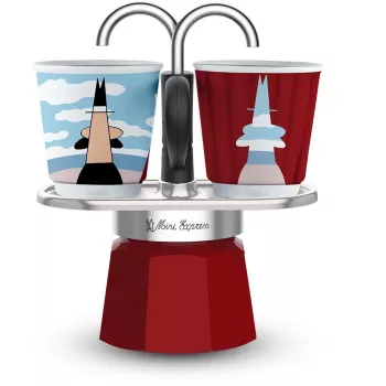 Plīts virsmas Moka kafijas kanniņa BIALETTI MINI EXPRESS Magritte sarkana – modelis 0001406, mazas ietilpības plīts virsmas espresso kanniņa