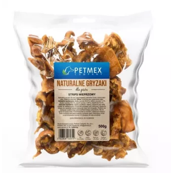 Suņu košļājamā našķe PETMEX Pork Strips 500 g — dabīgi cūkgaļas košļi pieaugušiem suņiem, zobu aizsardzība, piemērota visām šķirnēm