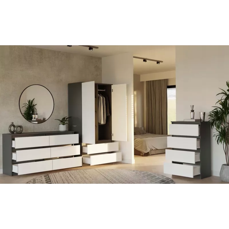 Skapis top e shop MALWA SS-90, 90×180×50 cm, antracīta rāmis, baltas veramas durvis, 2 atvilktnes, lamināts 16 mm