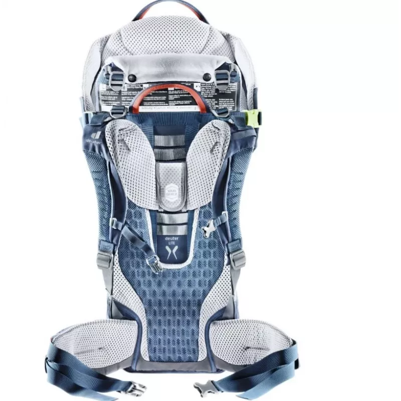 Bērnu pārnēsājamā mugursoma DEUTER Kid Comfort Active — zila, poliamīds, līdz 22 kg, saulessargs, kāju balsts, VariQuick, Lite Air