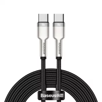 USB‑C uz USB‑C kabelis Baseus Cafule Metal — 2 m, 100 W uzlāde, USB 2.0 (480 Mbps), ar cinku pārklāti kontakti, melns