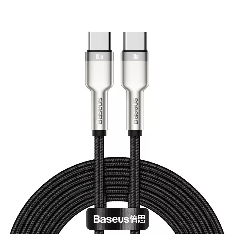 USB‑C uz USB‑C kabelis Baseus Cafule Metal — 2 m, 100 W uzlāde, USB 2.0 (480 Mbps), ar cinku pārklāti kontakti, melns