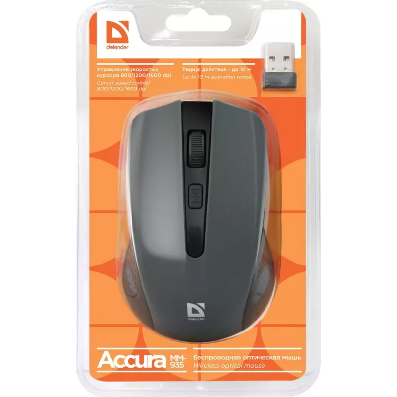 Bezvadu optiskā pele DEFENDER MM-935 RF, piemērota abām rokām, 1600 DPI, pelēka, USB uztvērējs, AAA baterijas