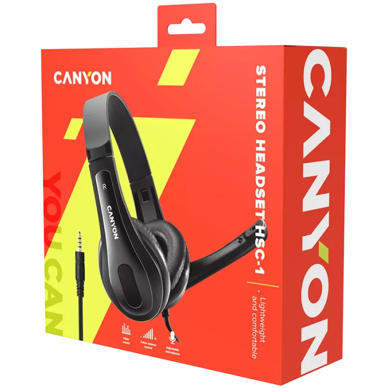CANYON PC austiņas HSC-1 ar mikrofonu, plakans 2m vads, melnas