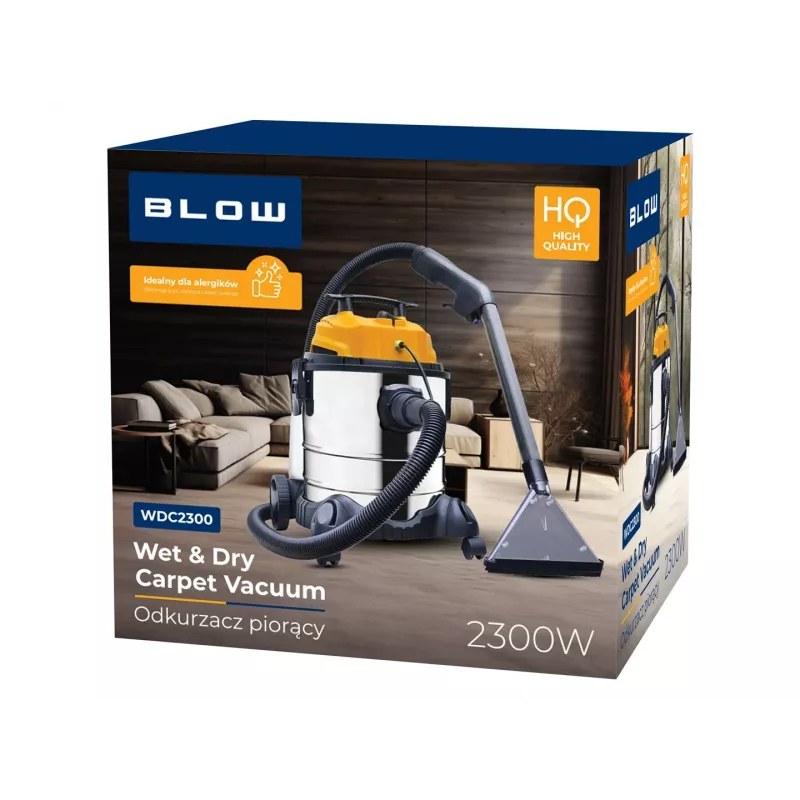 Ride-on mazgājamais putekļsūcējs BLOW WDC2300 — netīrais ūdens 25 L, tīrais ūdens 4.5 L, 1.5 m šļūtene, 6 m vads, 7.35 kg