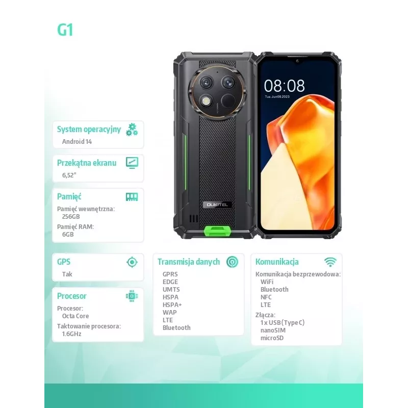 Oukitel G1 6.52 inch 6/256GB 10600 mAh DS. Zaļš