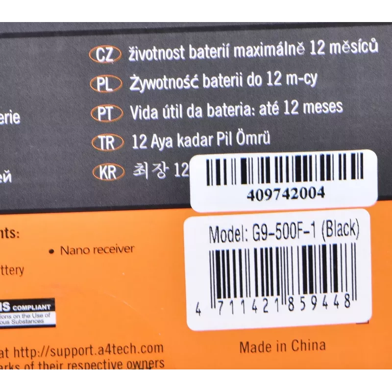 Bezvadu RF pele A4Tech G9-500F, labās rokas, 1000 DPI, 2,4 GHz nano uztvērējs, 15 m diapazons, AA baterija