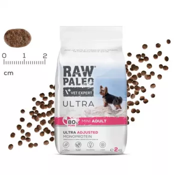 Sausā suņu barība VETEXPERT RAW PALEO Ultra Pork Mini Adult 2 kg — pieaugušiem mazo šķirņu suņiem, cūkgaļa, 31% olbaltumvielu, 17,5% tauku