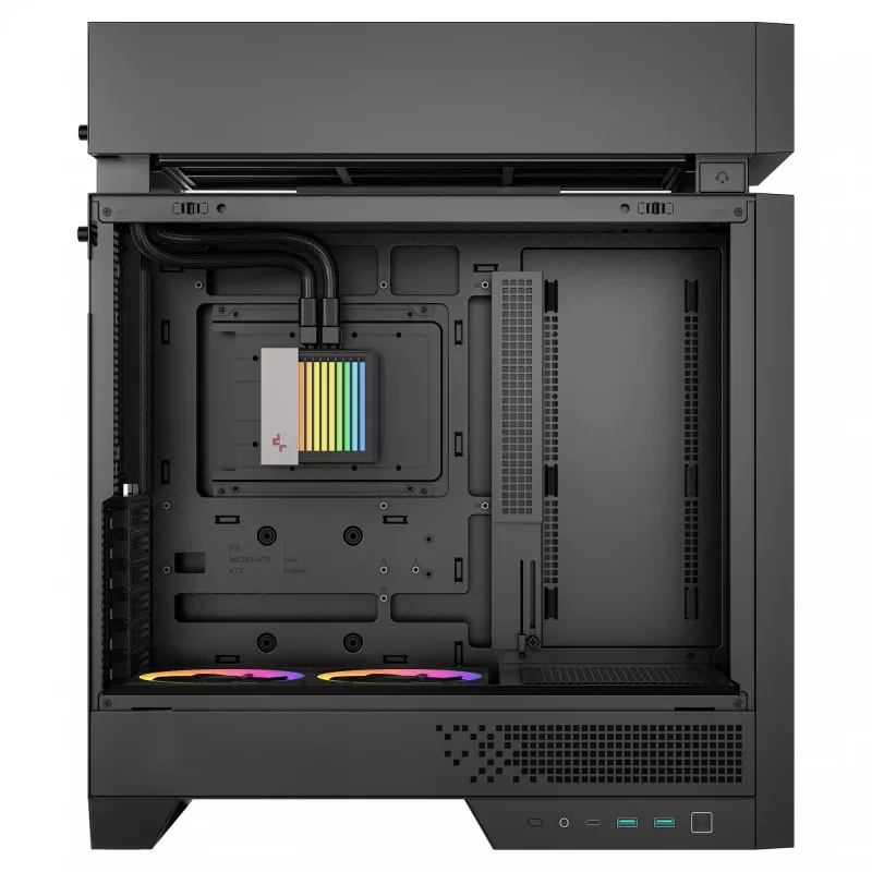 Galddatora korpuss DeepCool CL6600 Melns — atbalsta ATX/PS2/SFX/SFX-L PSU, 140 mm priekšējos ventilatorus, 120/140 mm augšējos/aizmugurējos, 2,5/3,5 collu diskus