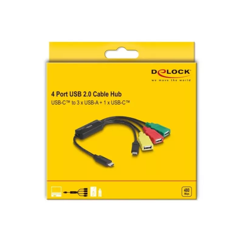 DeLOCK 4 portu USB 2.0 kabeļa centrmezgls USB Type-C uz 3 x USB-A sievišķā + 1 x USB-C vīrišķā