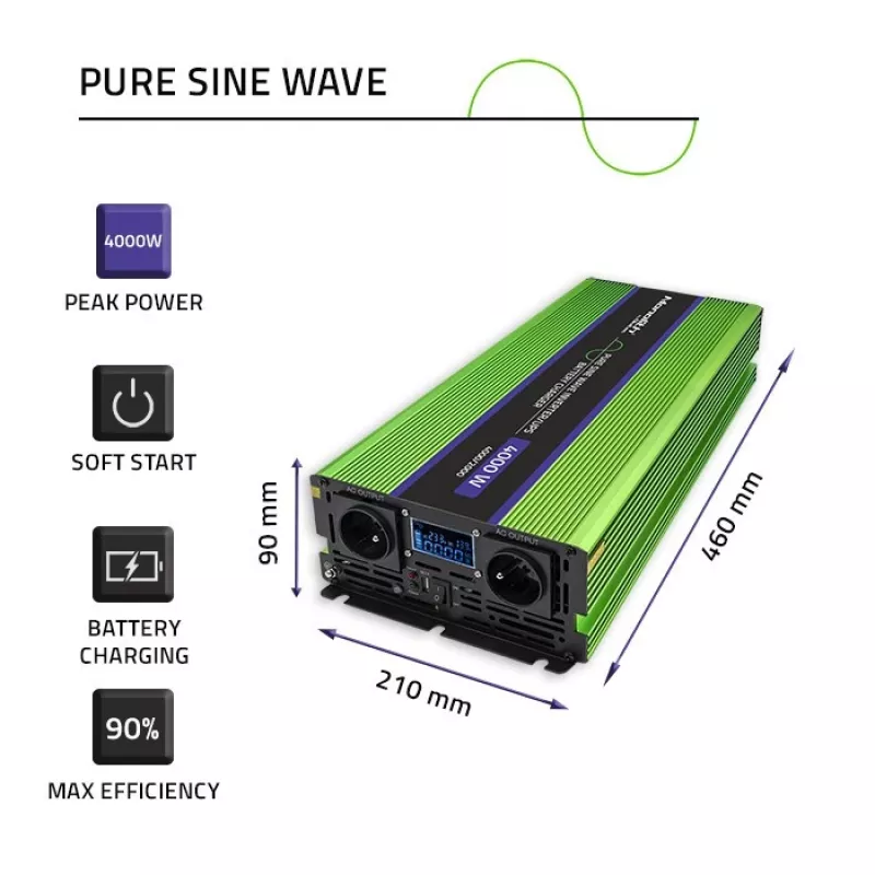Qoltec Monolith sprieguma pārveidotājs | Akumulatora uzlāde | UPS | 2000W | 4000W | 12V uz 230V | Tīrs sinusoidāls | LCD melns-zaļš