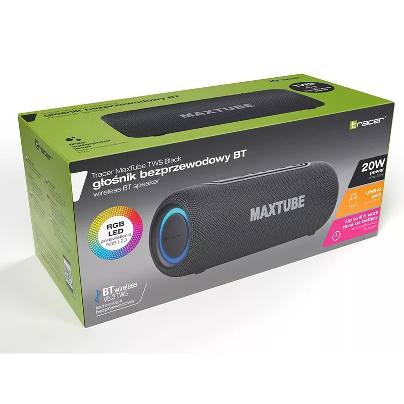 Skaļruņi TRACER MaxTube 20W TWS Bluetooth, melns — pārnēsājama bezvadu audio, stereo skaņa