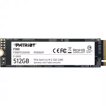 Iekšējais SSD PATRIOT P300 512 GB M.2 PCIe NVMe — lasīšana 1700 MB/s, rakstīšana 1200 MB/s, 3D NAND, 3,8 mm, TBW 240