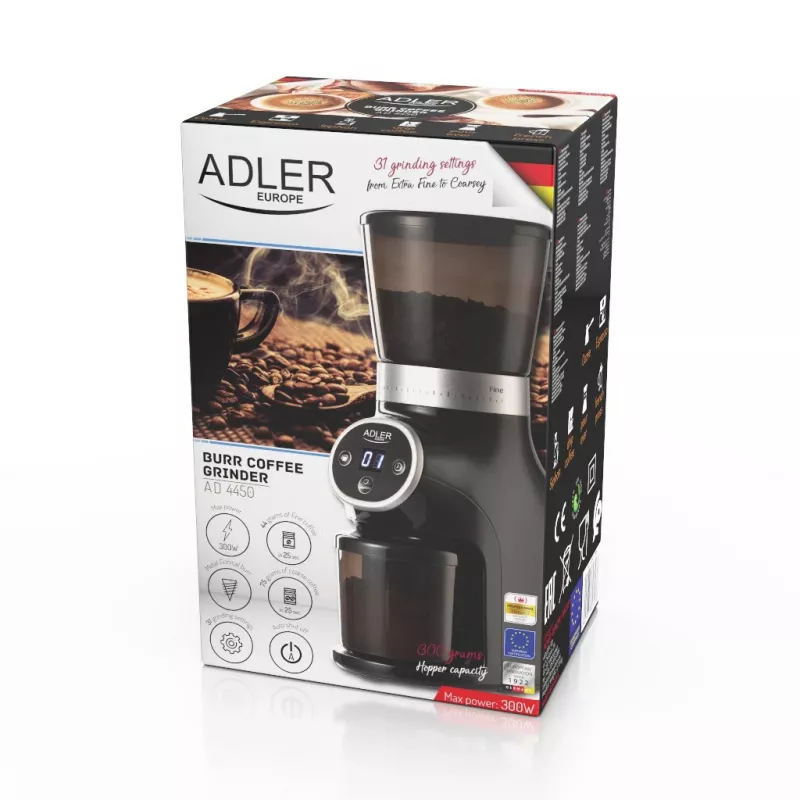 Profesionāla kafijas dzirnaviņa, tērauda dzirnakmeņi, 31 malšanas iestatījums, Café 90g/m, Adler, AD4450, 300, Melna