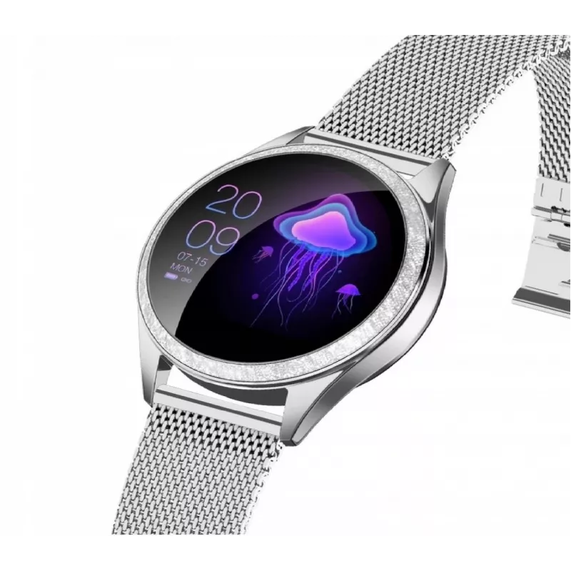 Smartwatch ORO-MED ORO-SMART CRYSTAL SILVER — apaļš metāla korpuss, LCD 240×198, 1,04 collu displejs, Bluetooth 4.0, ūdensizturīgs, 120 mAh baterija