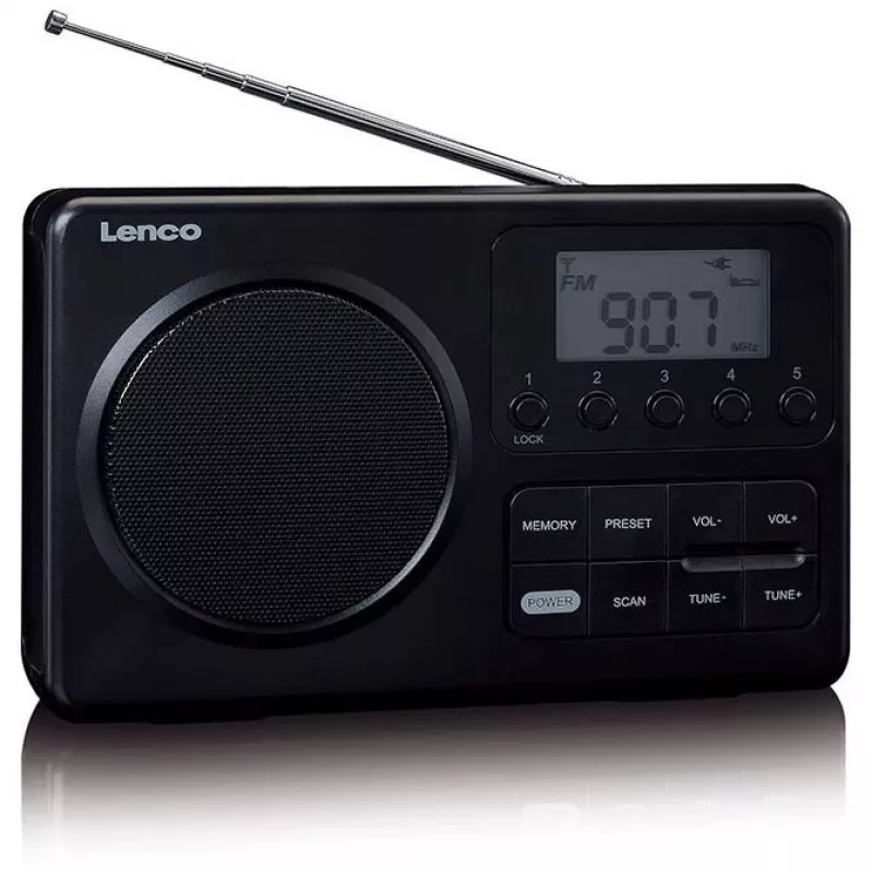 Pārnēsājams radio Lenco MPR-035BK — FM/AM, tīkla un bateriju barošana, 2,5 collu LCD, 20 FM iepriekšiestatījumi, 3,5 mm izeja