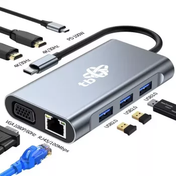 HUB 8-in-1 adapteris USB-C HDMI x2 USB VGA RJ45 PD