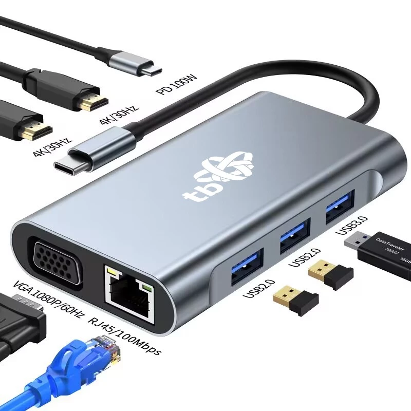 HUB 8-in-1 adapteris USB-C HDMI x2 USB VGA RJ45 PD