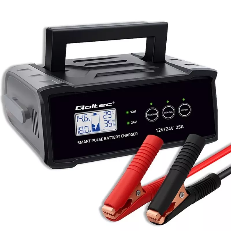 Baterijas lādētājs QOLTEC 52514 — 12V/24V, 25A, AGM/GEL/SLA baterijām ar LCD displeju