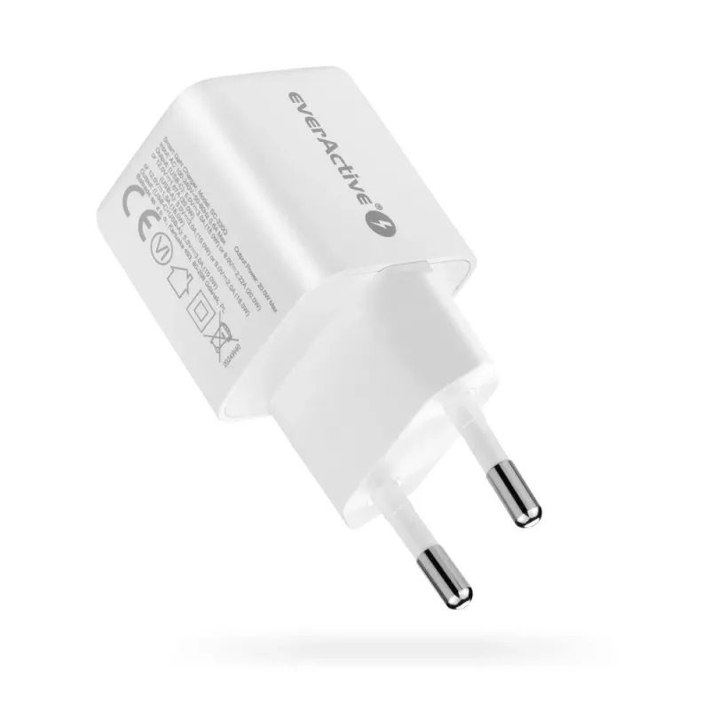 Sienas lādētājs everActive SC-330Q ar 1x USB-A un 1x USB-C pieslēgvietām, 20 W, balts
