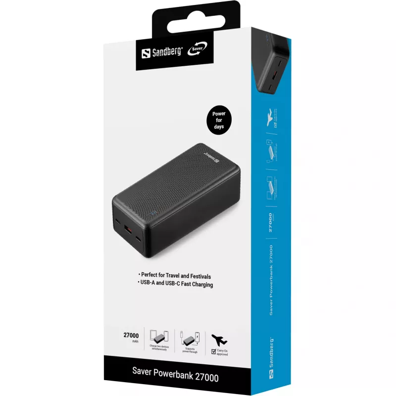Ārējais akumulators Sandberg Saver 27000 mAh Lithium-Ion Melns