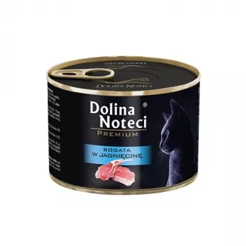 Mitrā kaķu barība Dolina Noteci Premium jērs 185 g bundža — pieauguši kaķi, paaugstinātas jutības formula