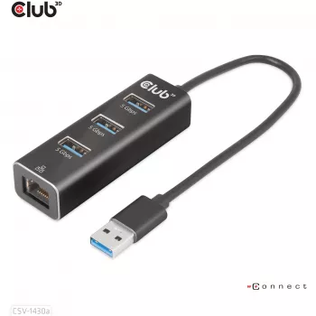 USB centrmezgls CLUB3D USB 3.2 Gen1 Type-A ar 3 portiem un Gigabit Ethernet