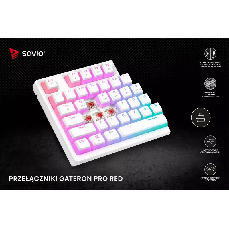 Spēļu klaviatūra Savio Phenix balta GAT RED PUD vadu bezvadu USB Bluetooth RGB LED