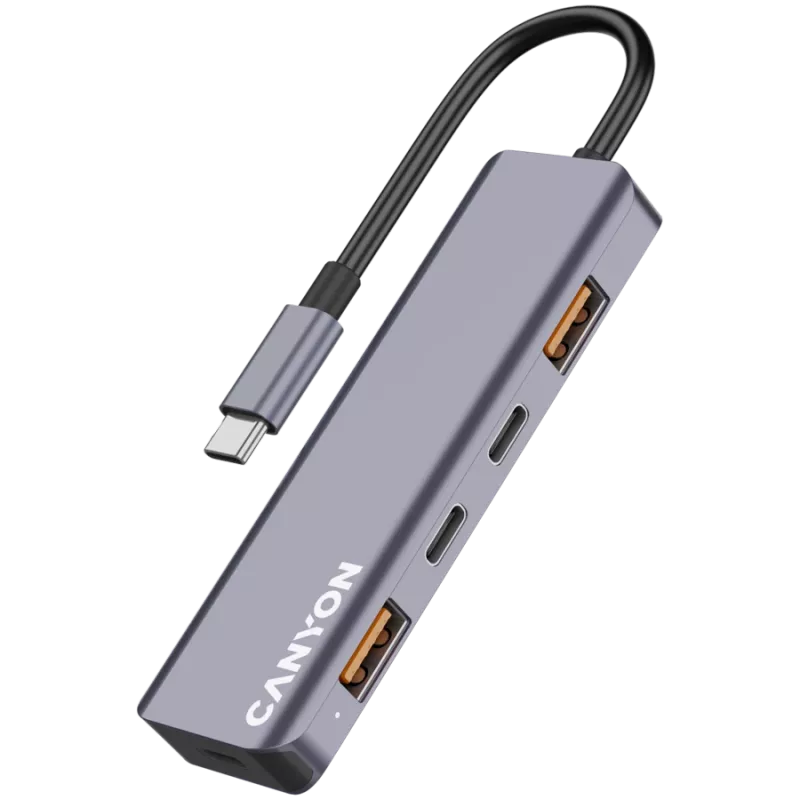 Canyon DS-18 - USB-C centrmezgls - 5 porti - 1x USB-C 5V līdzstrāvas uzlāde - 2x USB-C - 10 Gbps - 2x USB 3.2