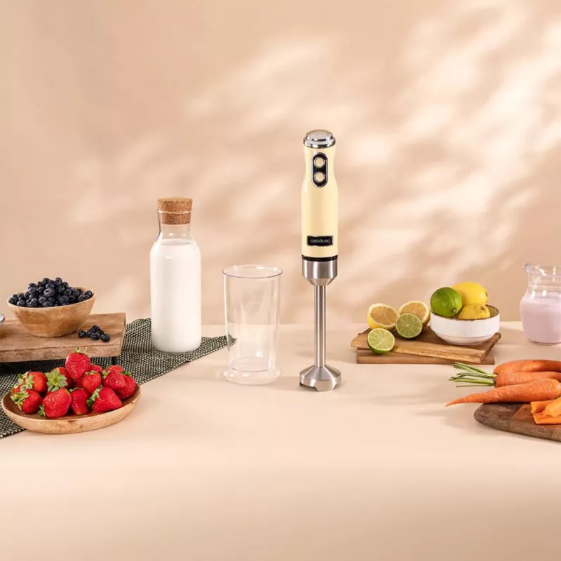 Rokas blenderis CECOTEC Power Mixer Retrodzeltena 1200MAX Cream&Crush, 1200 W, vairāki ātrumi, mīklas āķi un putotāji