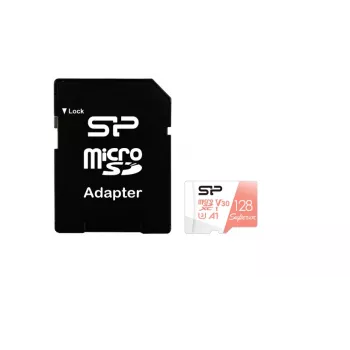 MicroSDXC karte Silicon Power Superior 128GB UHS-I Class 10 U3 V30, 100/80 MB/s, balta/persiku
